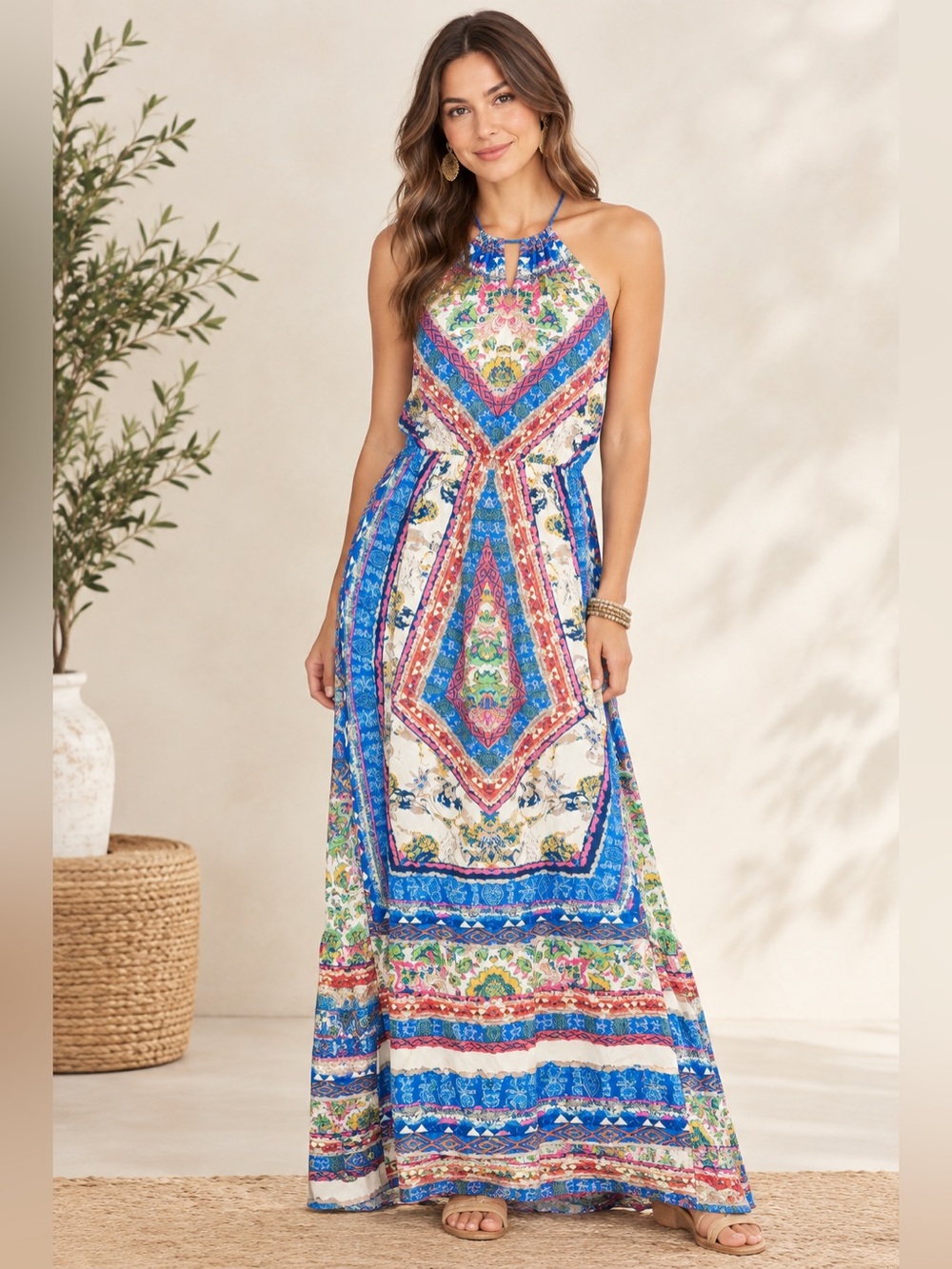 Halter Maxi Dress in Blue Multi Floral